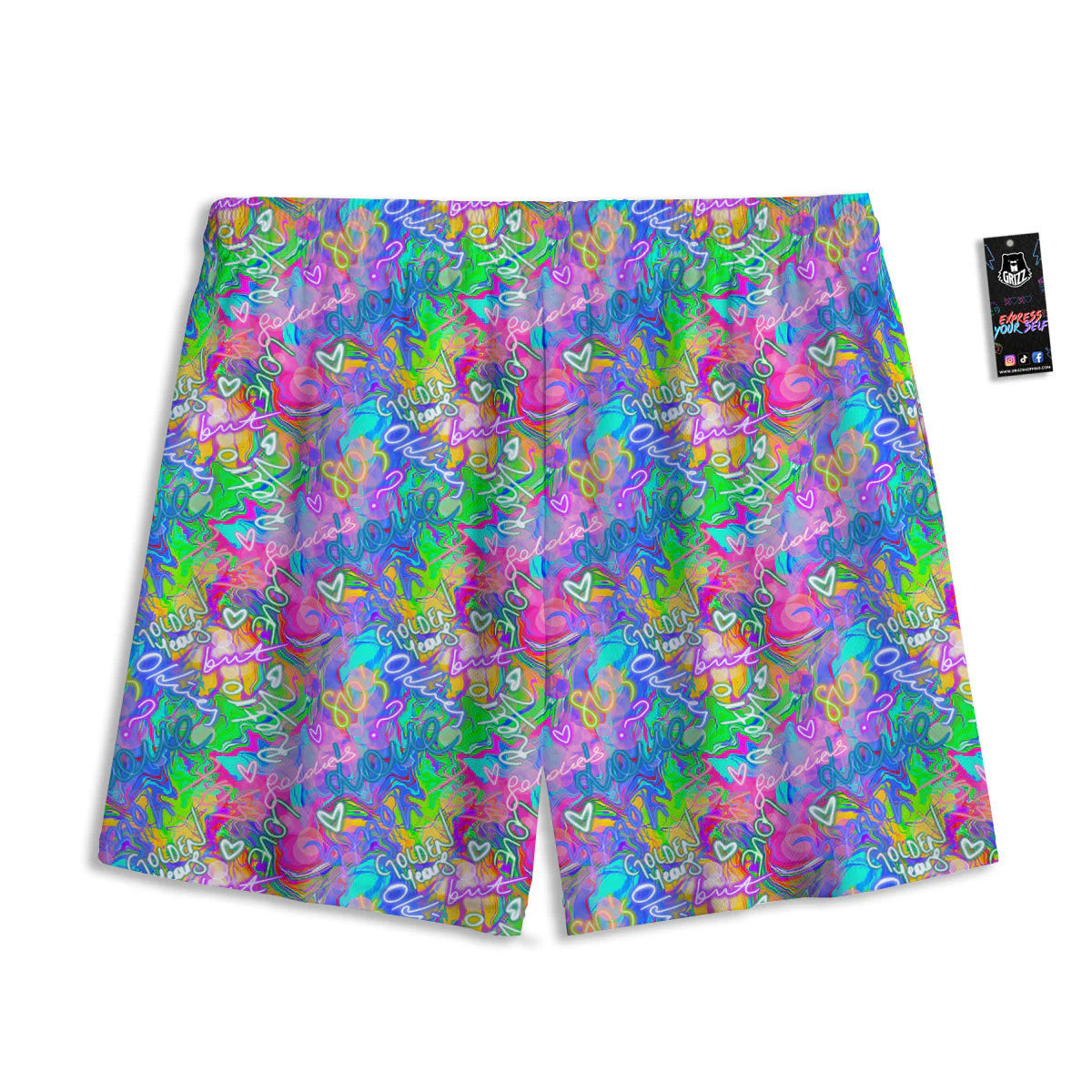 Abstract Graffiti Hand Drawing Neon Retro Print Pattern Mesh Shorts - Image 2