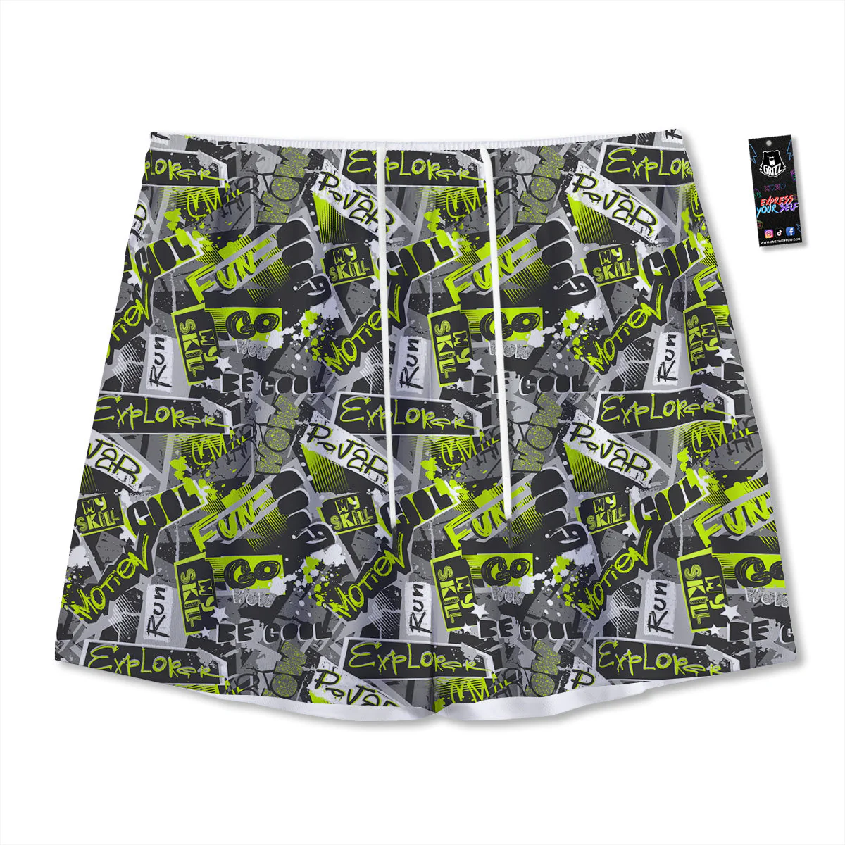 Abstract Grey And Neon Green Graffiti Print Pattern Mesh Shorts