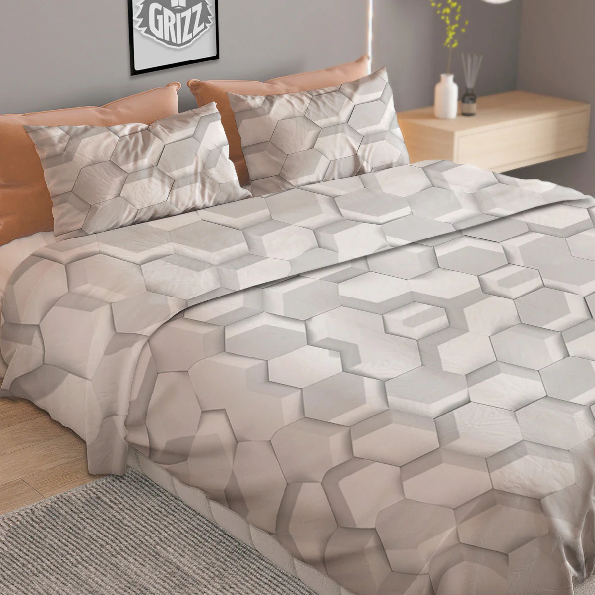 Abstract Hexagonal White 3D Print Pattern Duvet Cover Bedding Set - Image 2