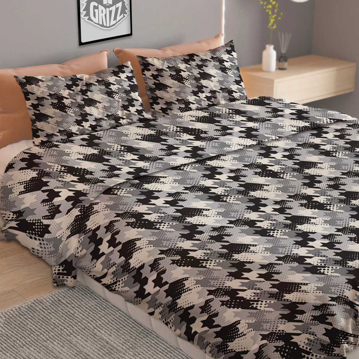 Abstract Houndstooth And Dots Print Pattern Duvet Cover Bedding Set - Image 2
