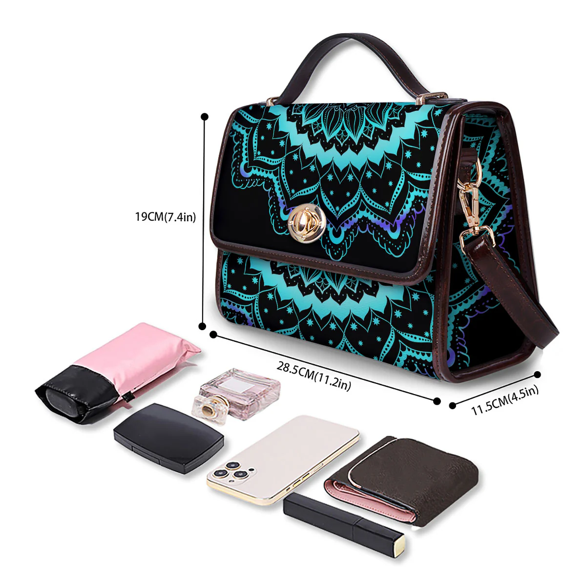 Abstract Mandala Teal And Purple Print Women's Satchel Bag - Image 4