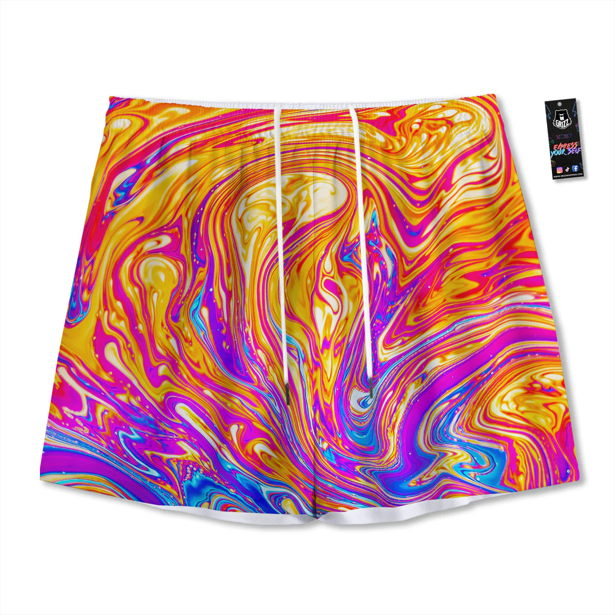 Abstract Orange Psychedelic Print Mesh Shorts