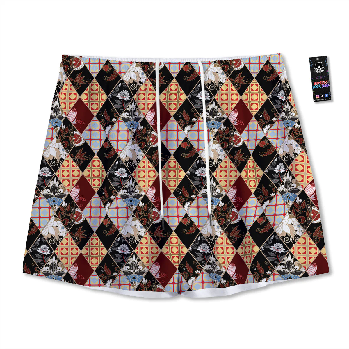Abstract Patchwork Floral Print Pattern Mesh Shorts