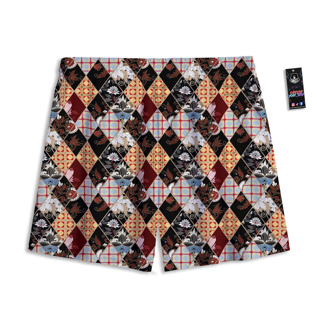 Abstract Patchwork Floral Print Pattern Mesh Shorts - Image 2
