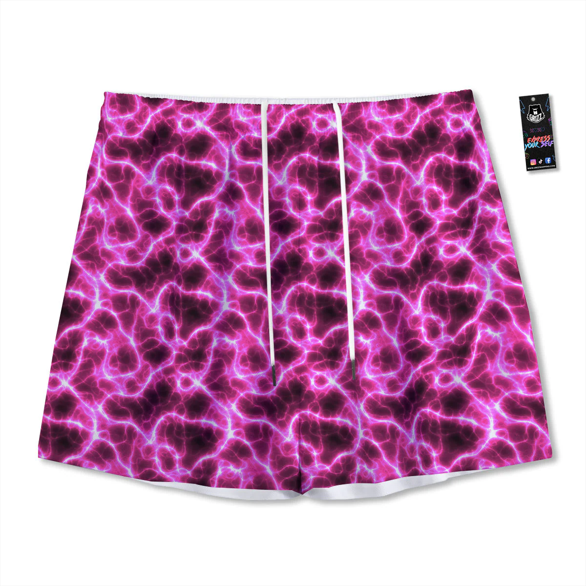 Abstract Pink Electrical Sparks Print Pattern Mesh Shorts
