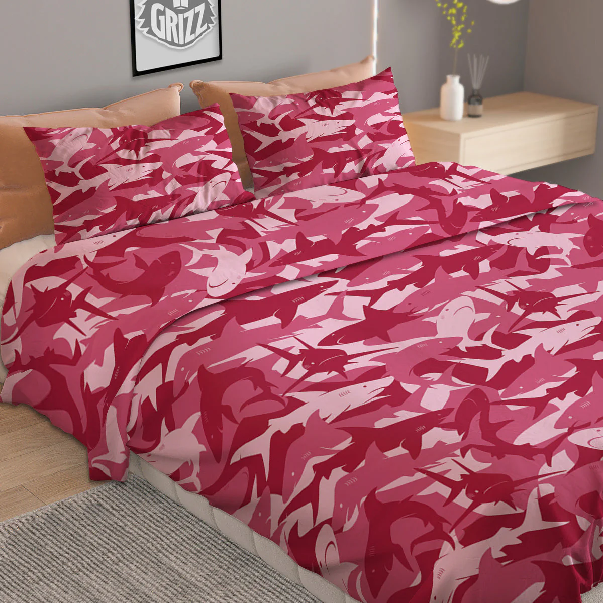 Abstract Pink Shark Camo Print Pattern Duvet Cover Bedding Set - Image 2