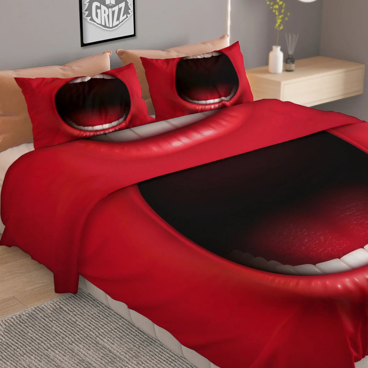 Abstract Scream Red Mouth Print Duvet Cover Bedding Set - Image 2