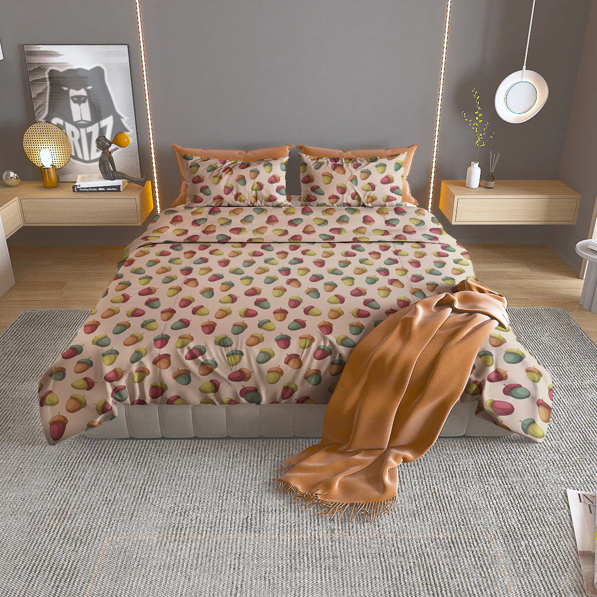 Acorn Beige Color Print Pattern Duvet Cover Bedding Set