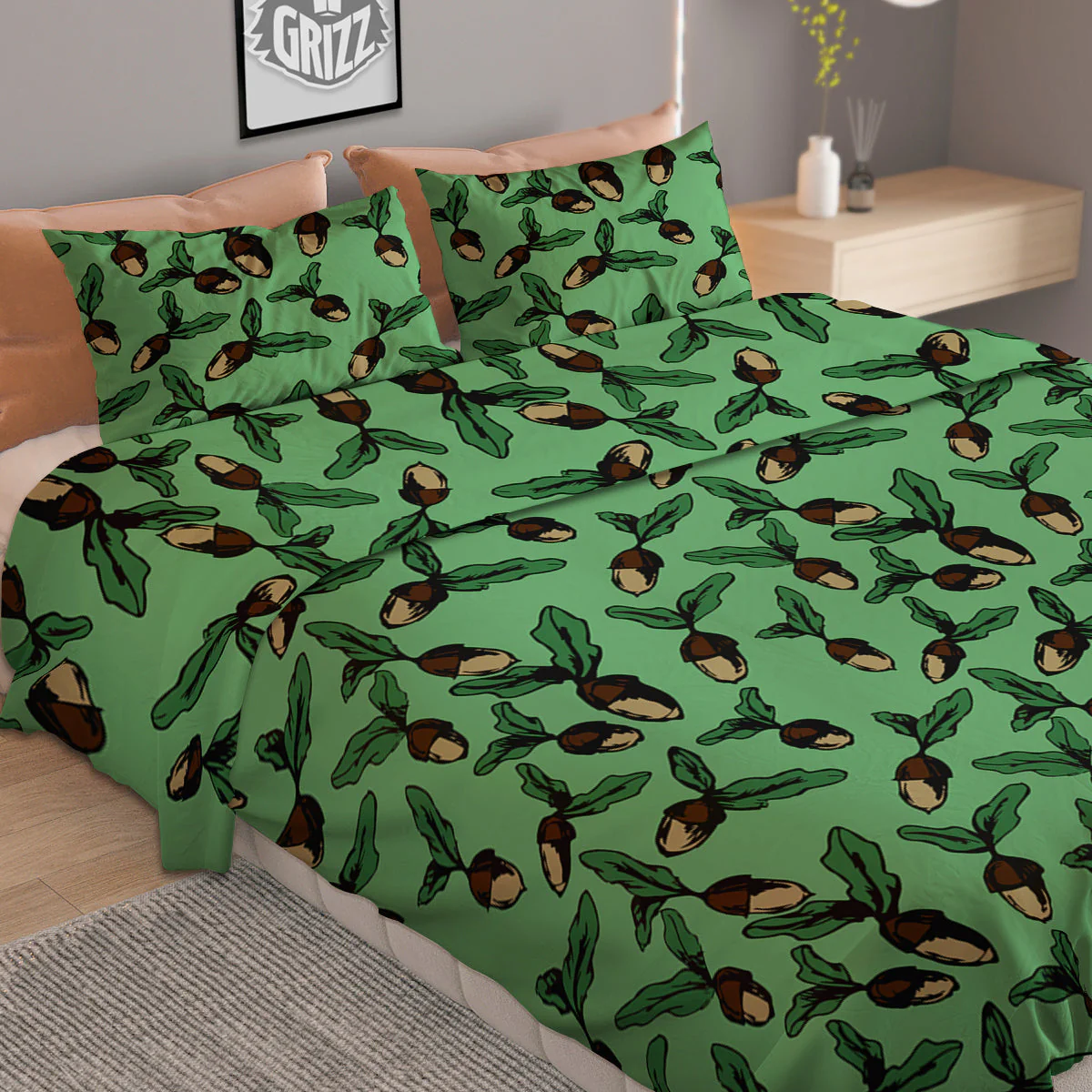 Acorn Green Print Pattern Duvet Cover Bedding Set - Image 2