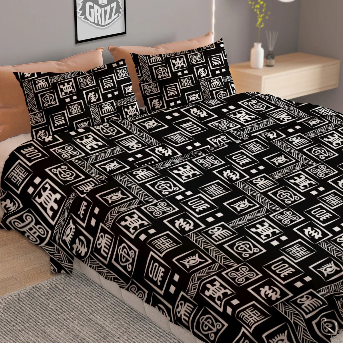 Adinkra Symbols White And Black Print Pattern Duvet Cover Bedding Set - Image 2