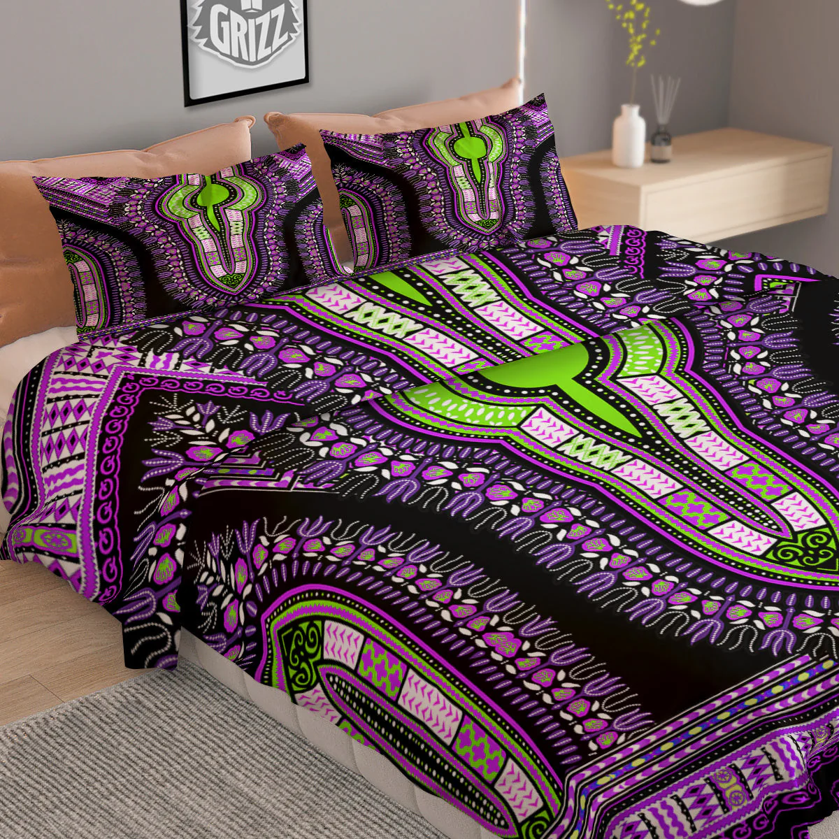 African Dashiki Purple And Black Print Duvet Cover Bedding Set - Image 2