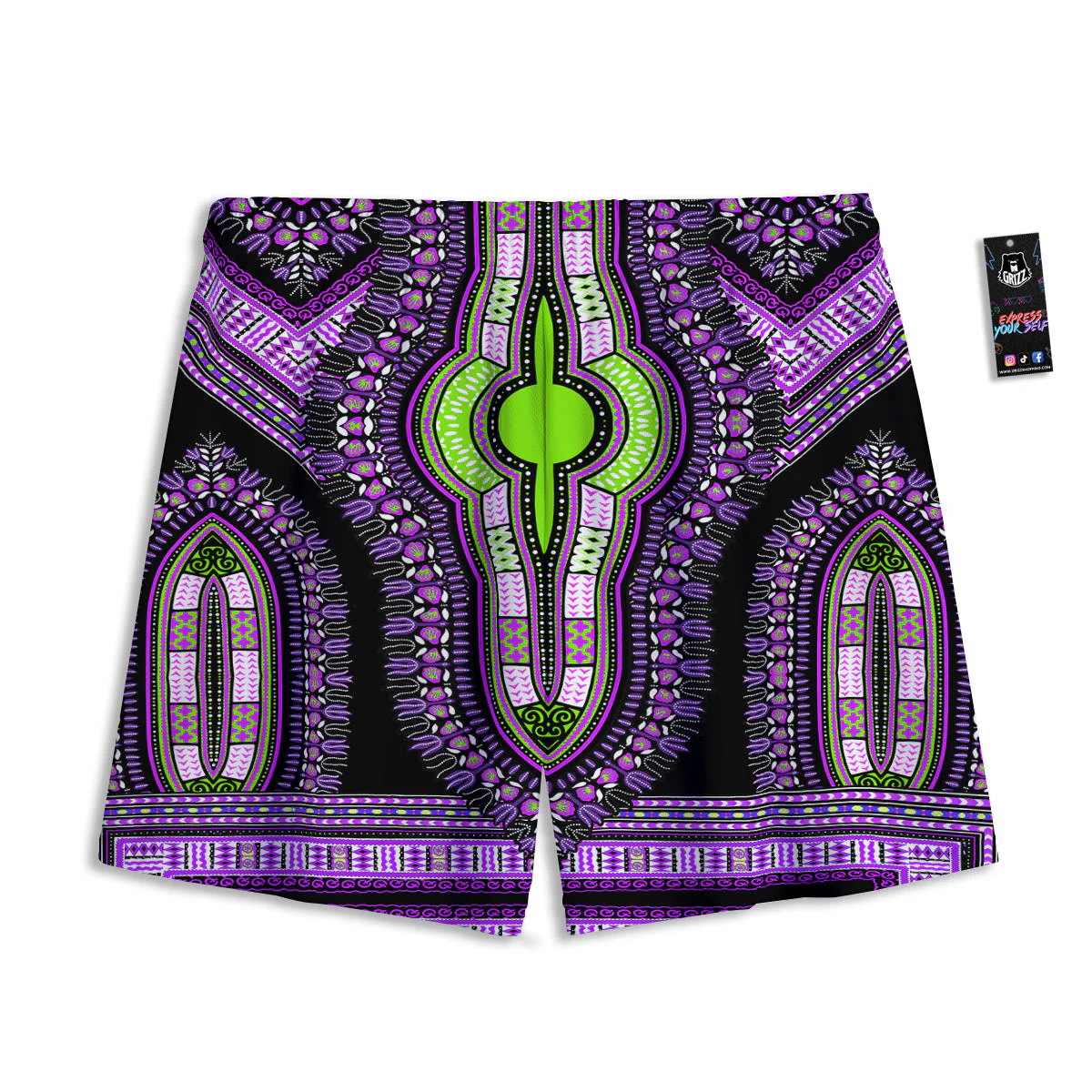 African Dashiki Purple And Black Print Mesh Shorts - Image 2