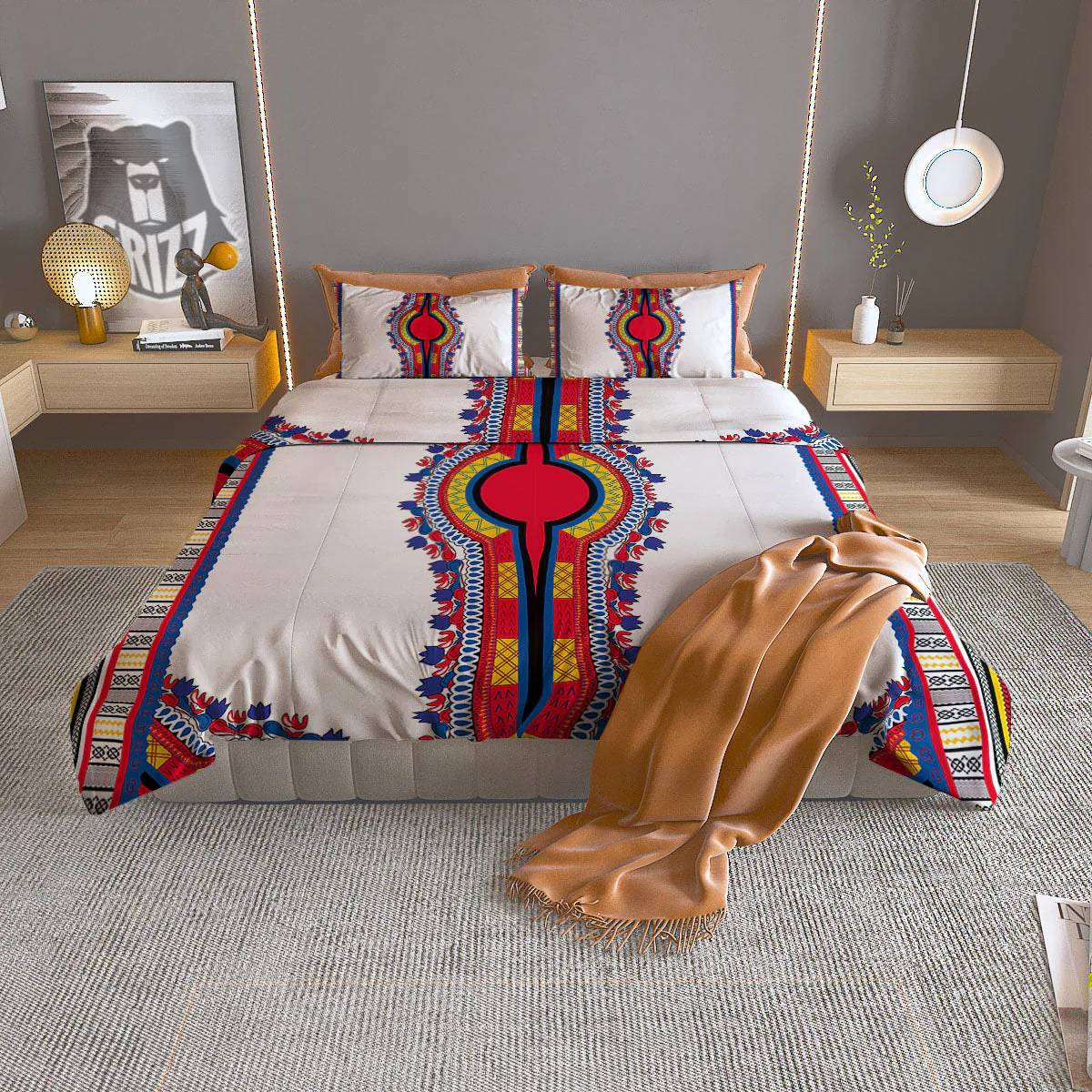 African Dashiki White And Red Print Duvet Cover Bedding Set