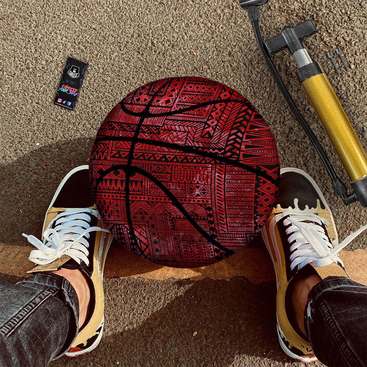 African Ethnic Black And Red Print Basketball - Image 2