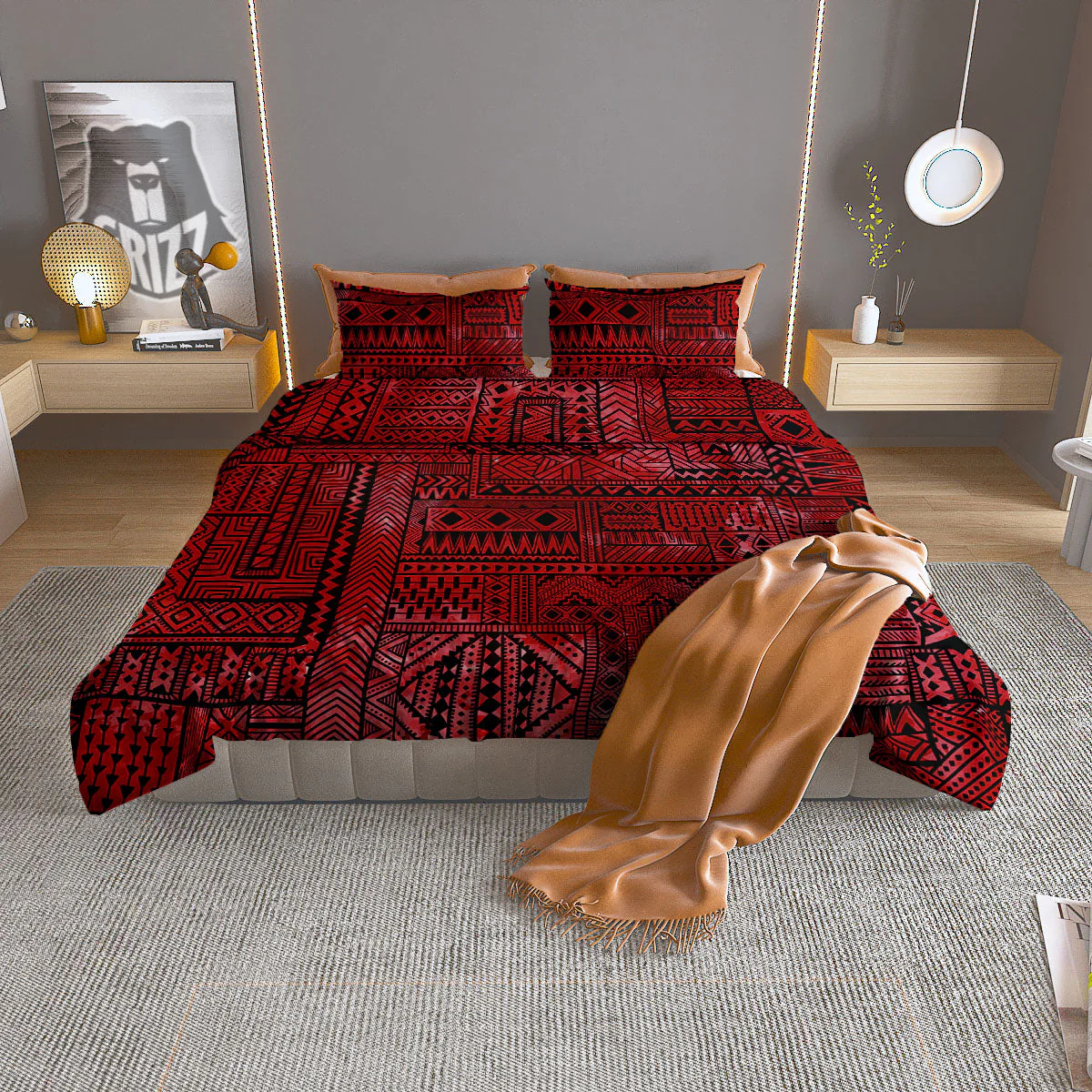 African Ethnic Black And Red Print Duvet Cover Bedding Set