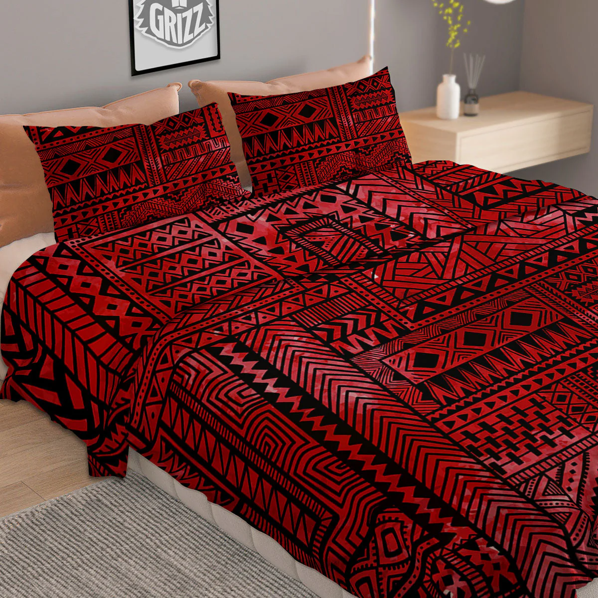 African Ethnic Black And Red Print Duvet Cover Bedding Set - Image 2