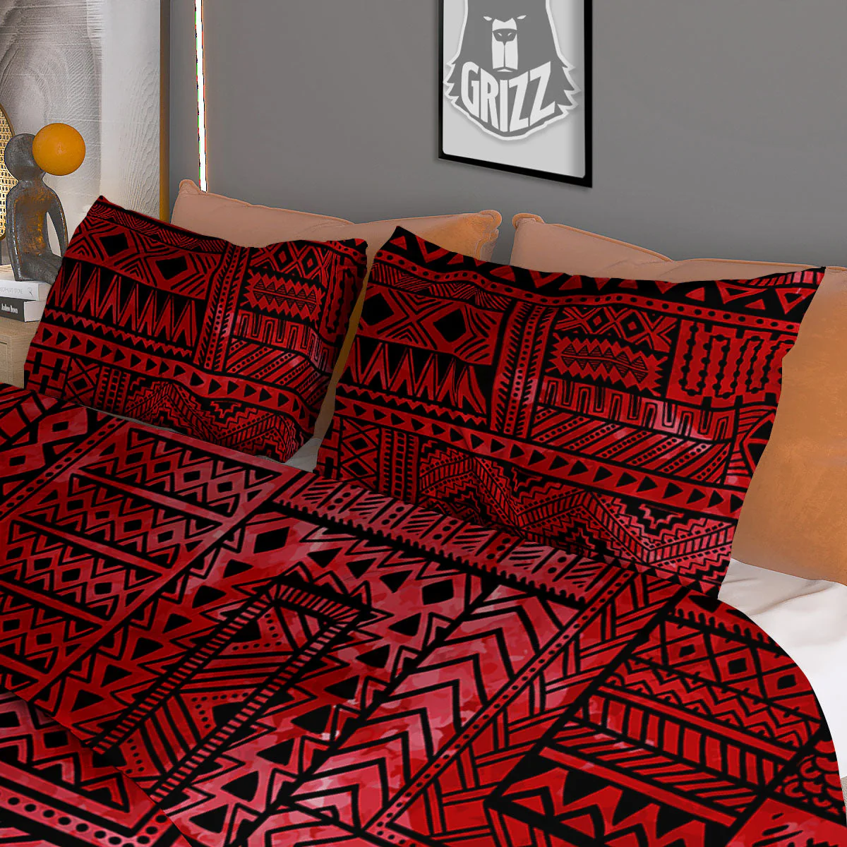 African Ethnic Black And Red Print Duvet Cover Bedding Set - Image 3