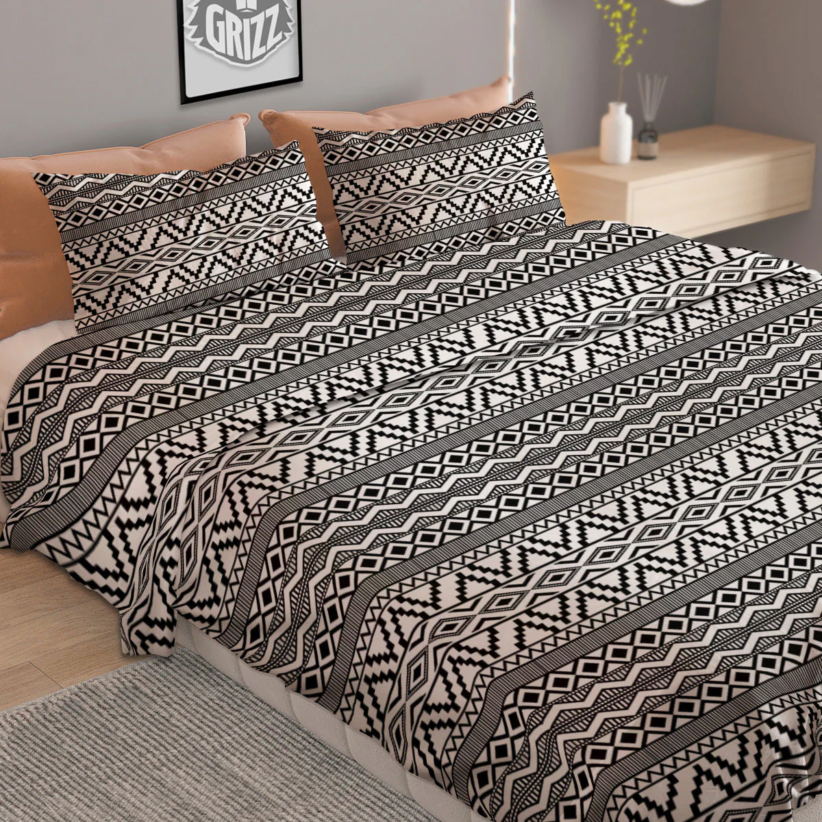 African Ethnic White And Black Print Duvet Cover Bedding Set - Image 2