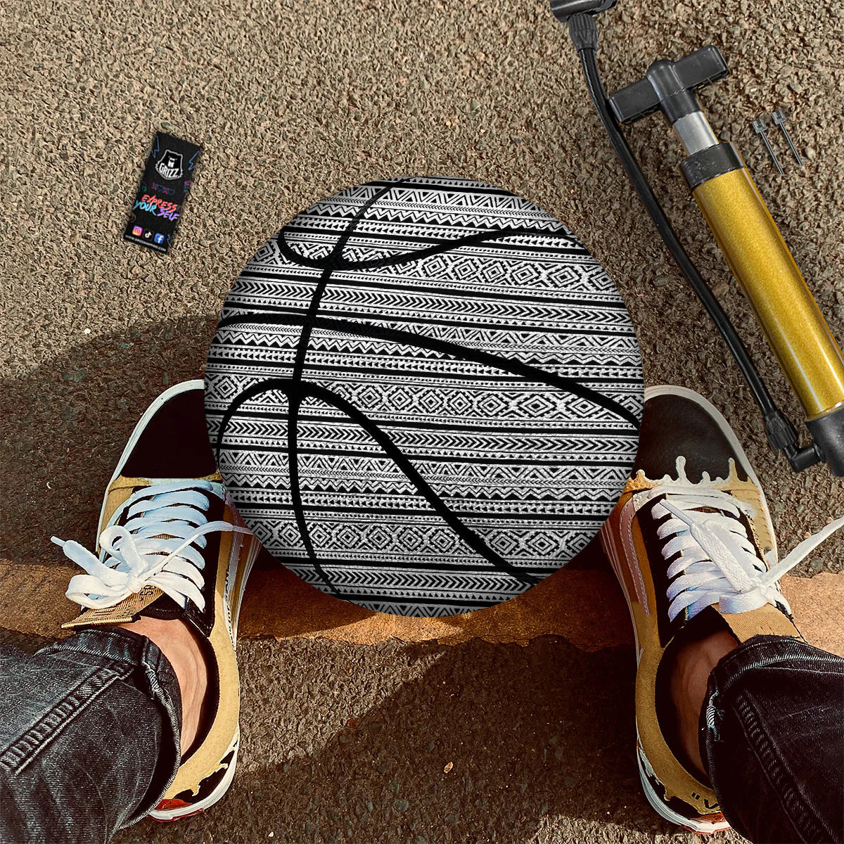 African Tribal White And Black Print Basketball - Image 2