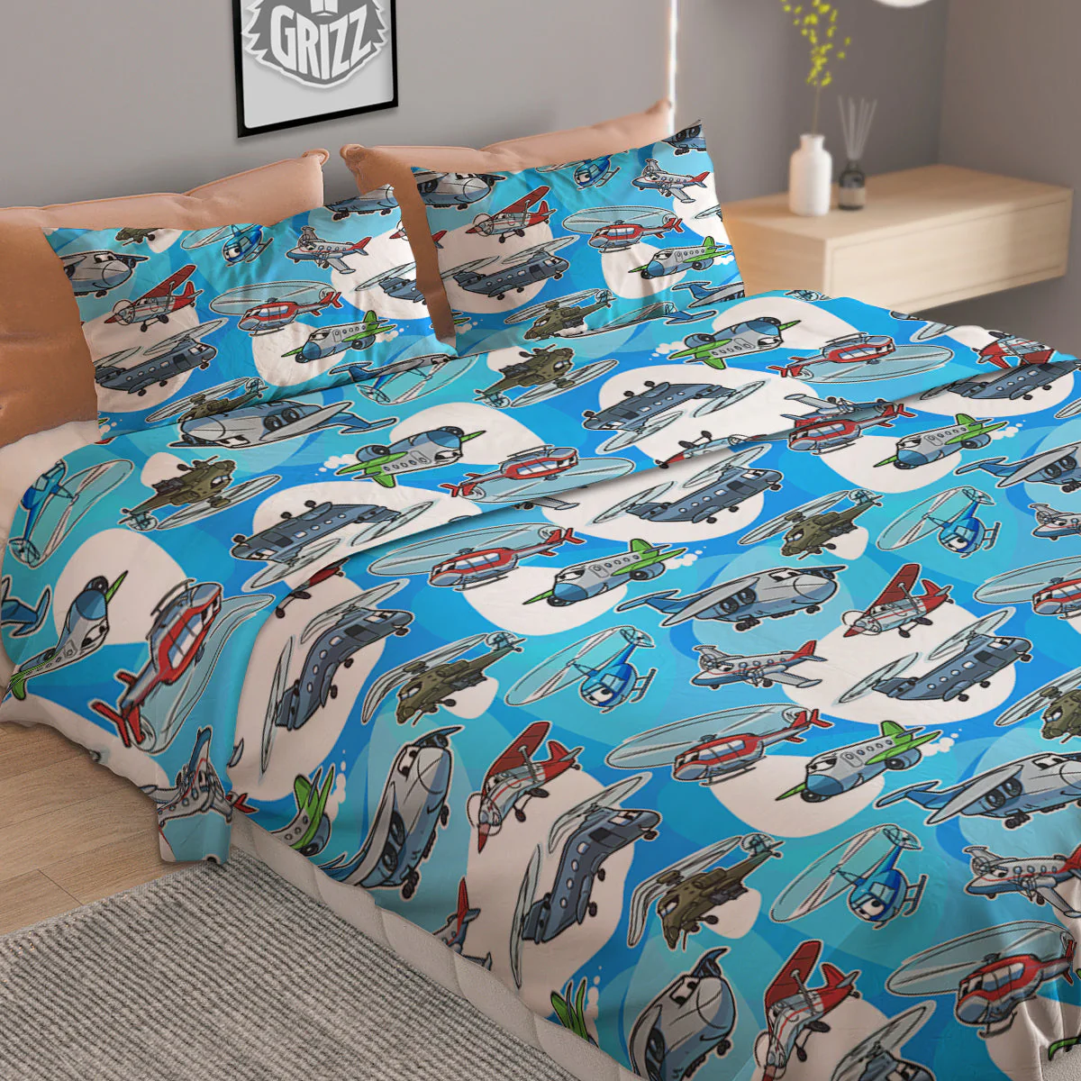 Airplanes And Helicopters Cartoon Print Pattern Duvet Cover Bedding Set - Image 2