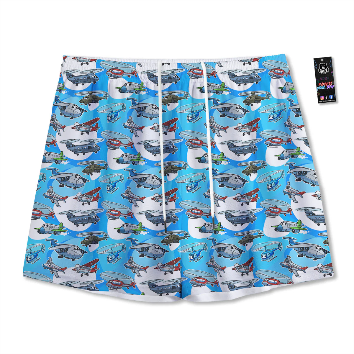 Airplanes And Helicopters Cartoon Print Pattern Mesh Shorts