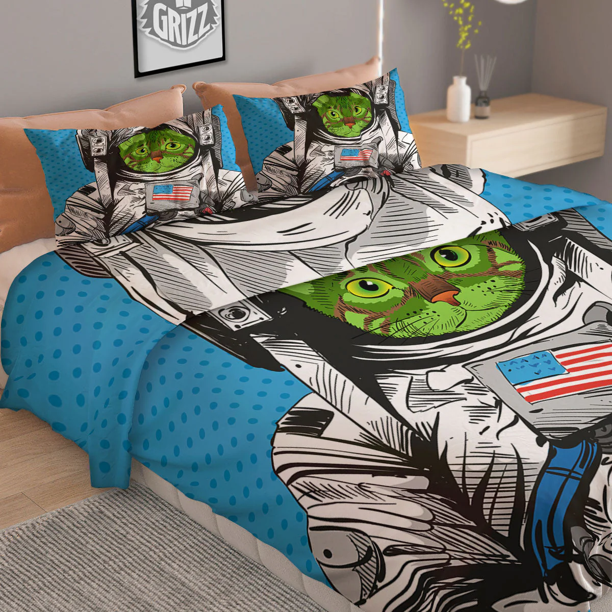 Alien Cat Astronaut Print Duvet Cover Bedding Set - Image 2
