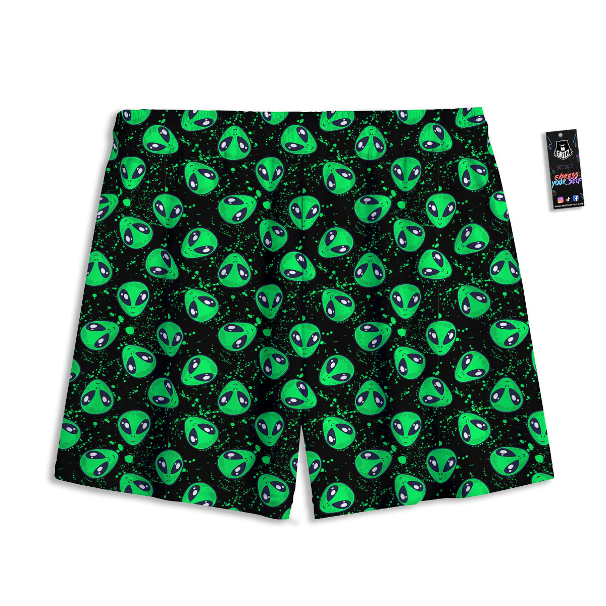 Alien Face Green Print Pattern Mesh Shorts - Image 2