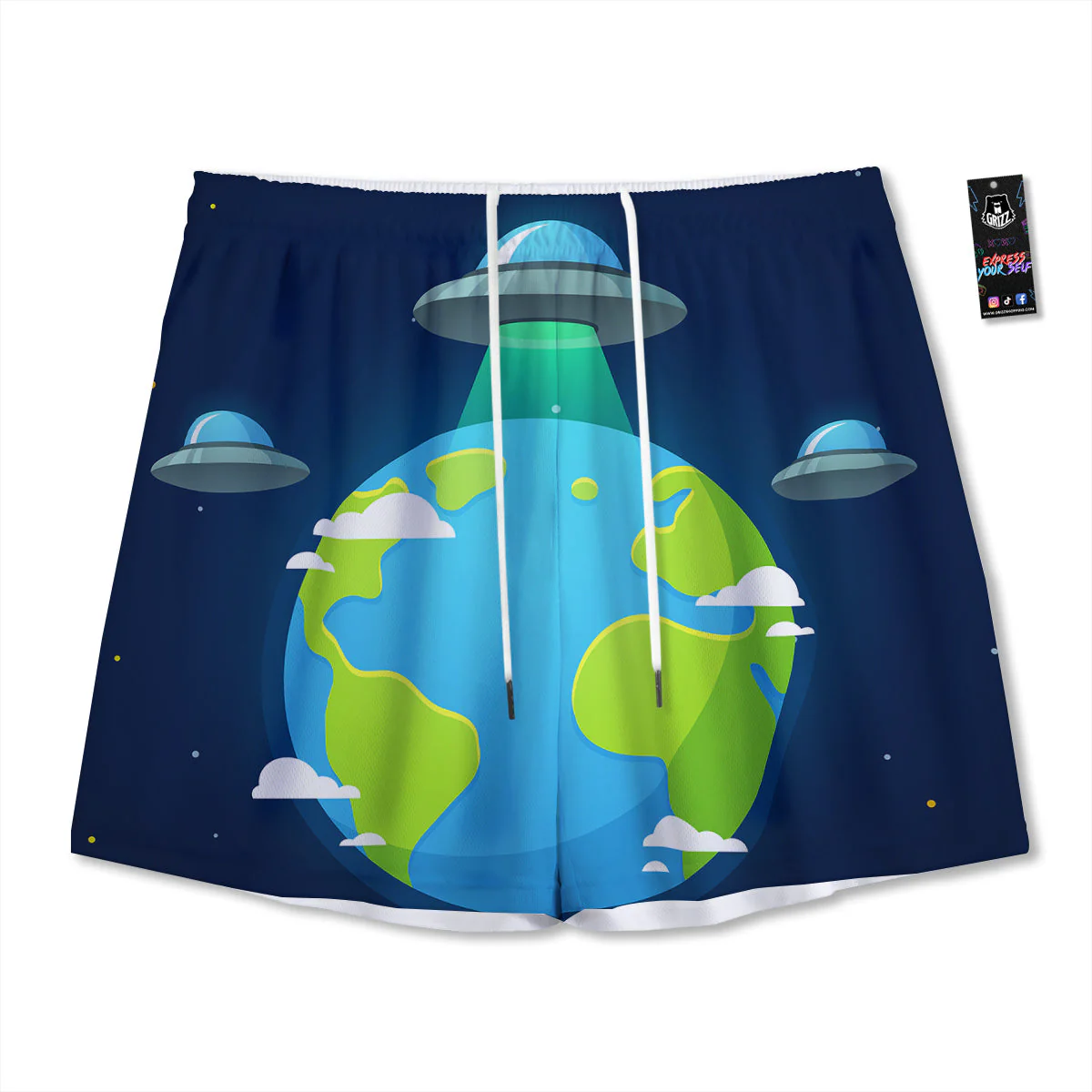 Alien Invasion And Earth Print Mesh Shorts