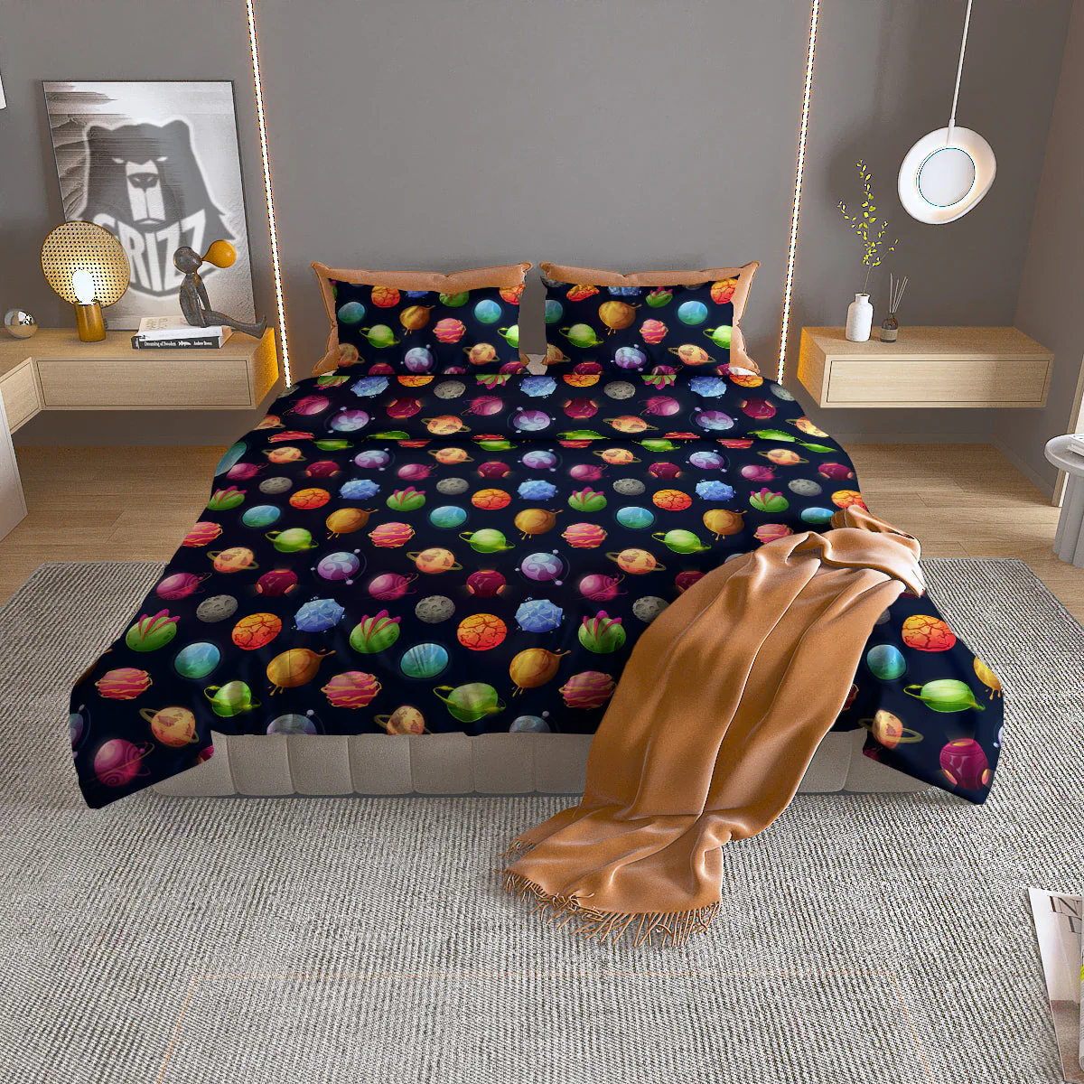 Alien Planets And Stars Print Pattern Duvet Cover Bedding Set