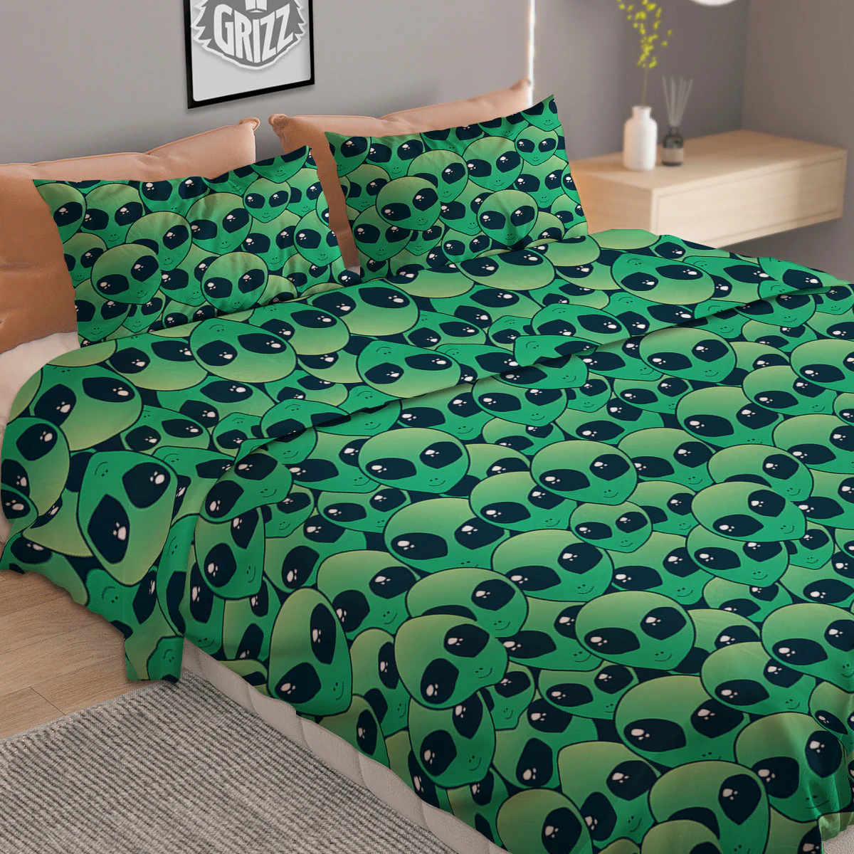Alien UFO Green Cute Print Duvet Cover Bedding Set - Image 2