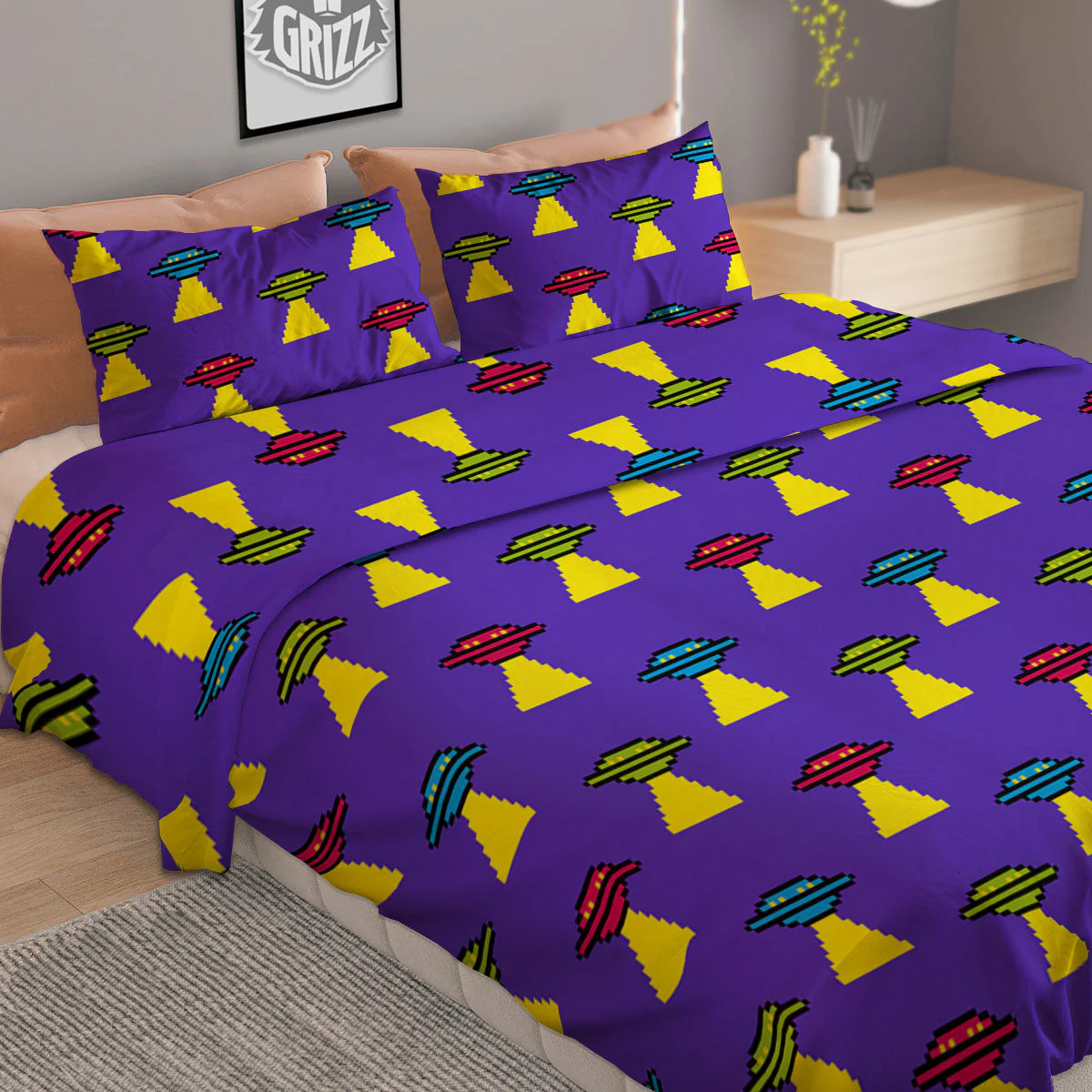 Aliens UFO Pixel Print Pattern Duvet Cover Bedding Set - Image 2