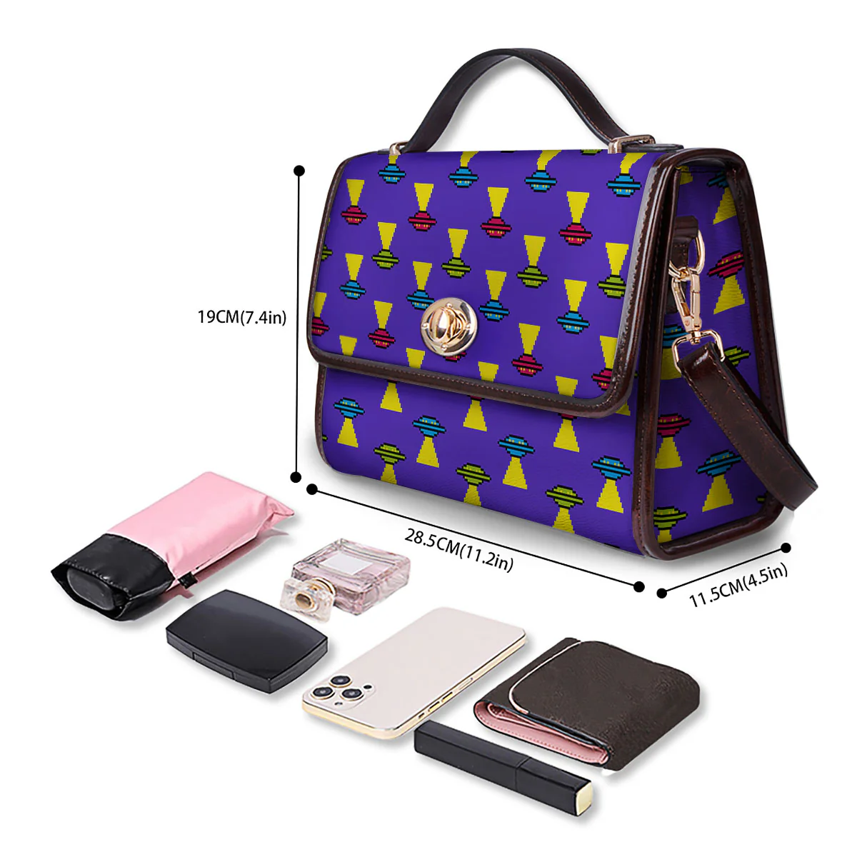 Aliens UFO Pixel Print Pattern Women's Satchel Bag - Image 4