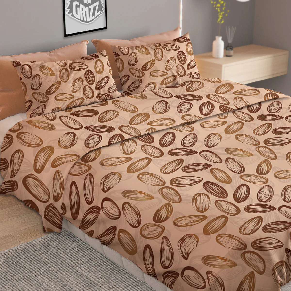 Almond Beige Print Pattern Duvet Cover Bedding Set - Image 2