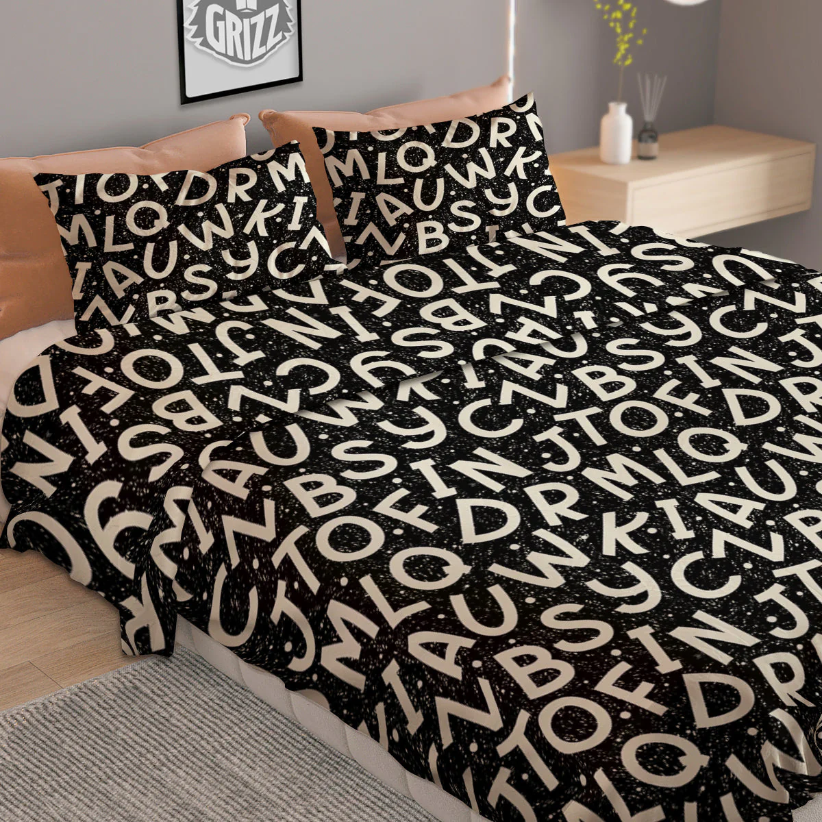 Alphabet Black Print Pattern Duvet Cover Bedding Set - Image 2