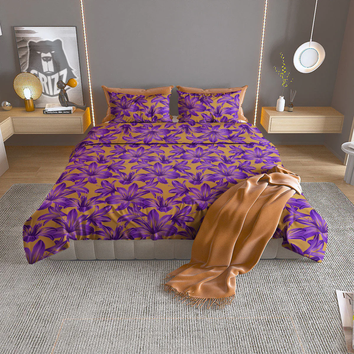 Amaryllis Japanese Purple Print Pattern Duvet Cover Bedding Set