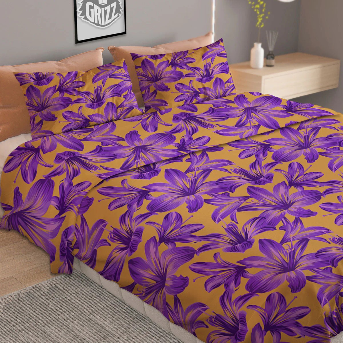 Amaryllis Japanese Purple Print Pattern Duvet Cover Bedding Set - Image 2