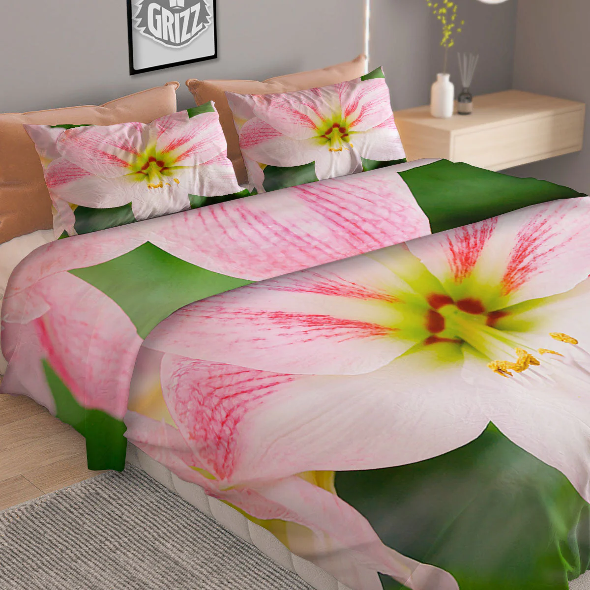 Amaryllis Pink And White Print Duvet Cover Bedding Set - Image 2