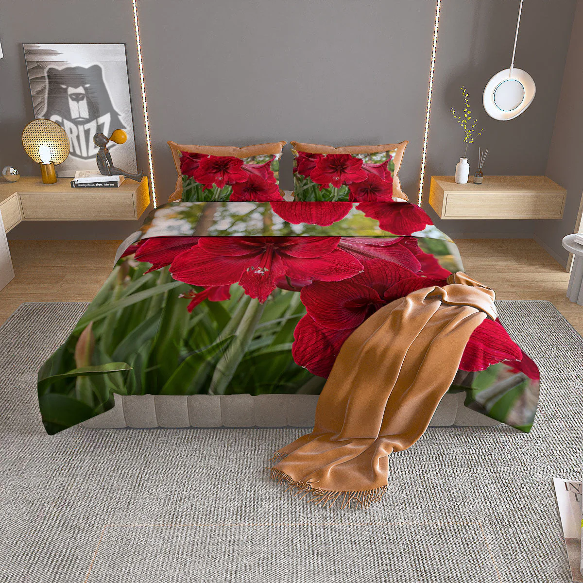 Amaryllis Red Print Duvet Cover Bedding Set