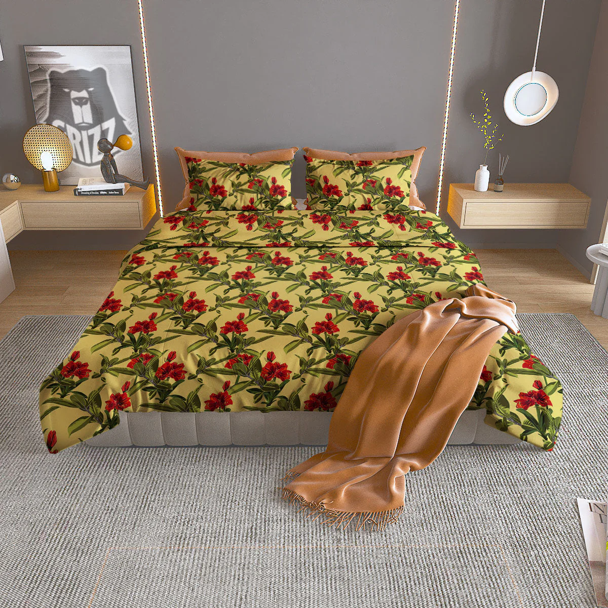 Amaryllis Red Yellow Print Pattern Duvet Cover Bedding Set