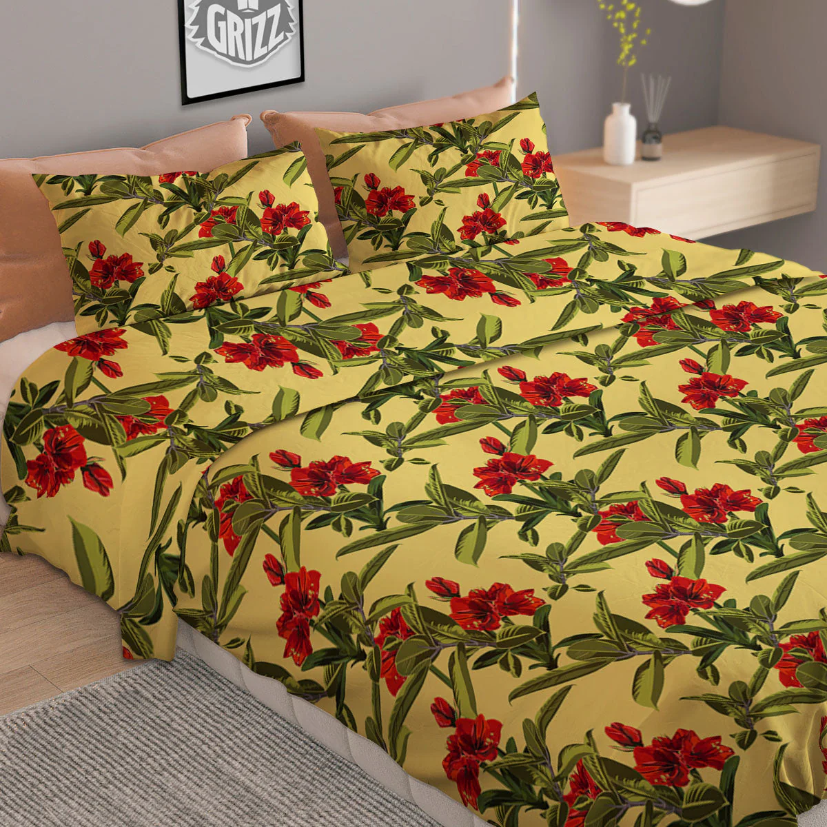 Amaryllis Red Yellow Print Pattern Duvet Cover Bedding Set - Image 2