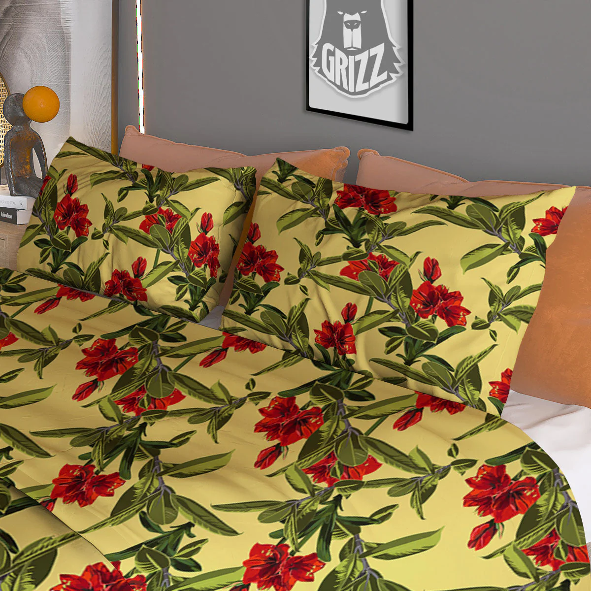 Amaryllis Red Yellow Print Pattern Duvet Cover Bedding Set - Image 3