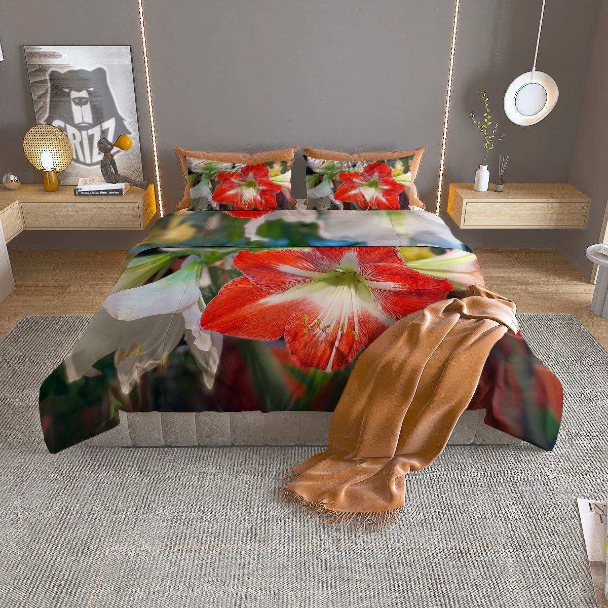 Amaryllis White And Red Print Duvet Cover Bedding Set
