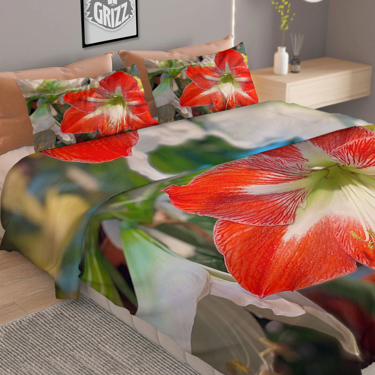 Amaryllis White And Red Print Duvet Cover Bedding Set - Image 2