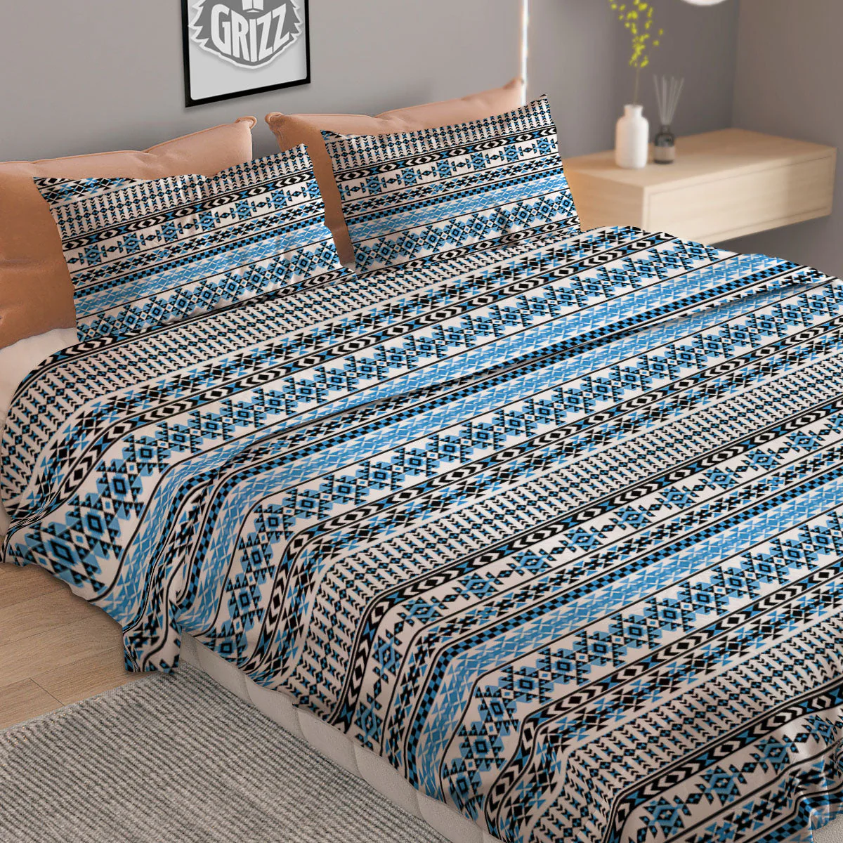 American Aztec Blue Native Print Pattern Duvet Cover Bedding Set - Image 2