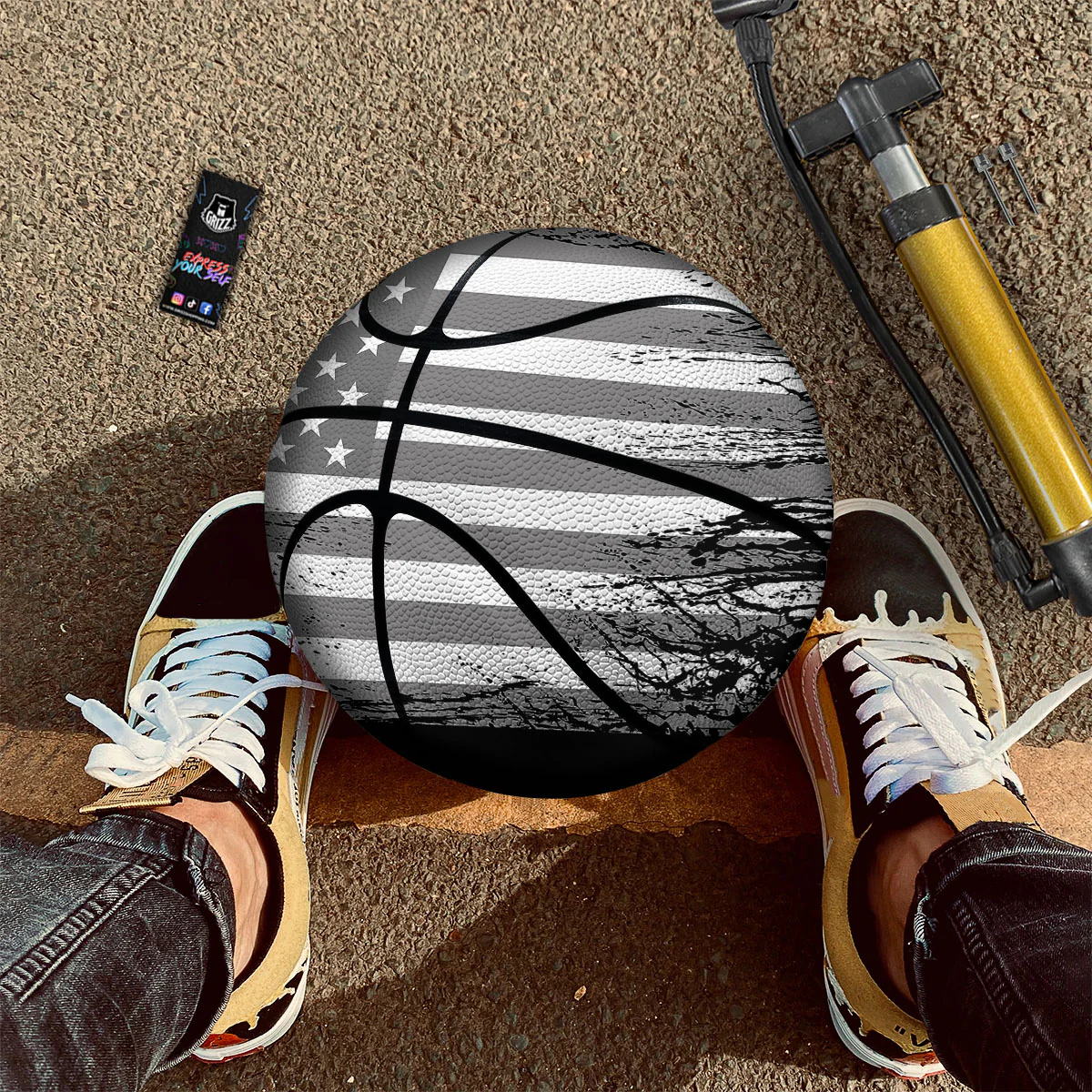 American Flag Grey Grunge Print Basketball - Image 2
