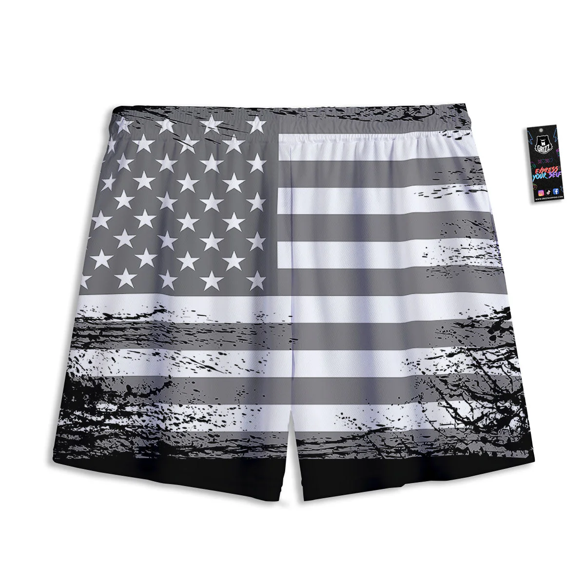American Flag Grey Grunge Print Mesh Shorts - Image 2