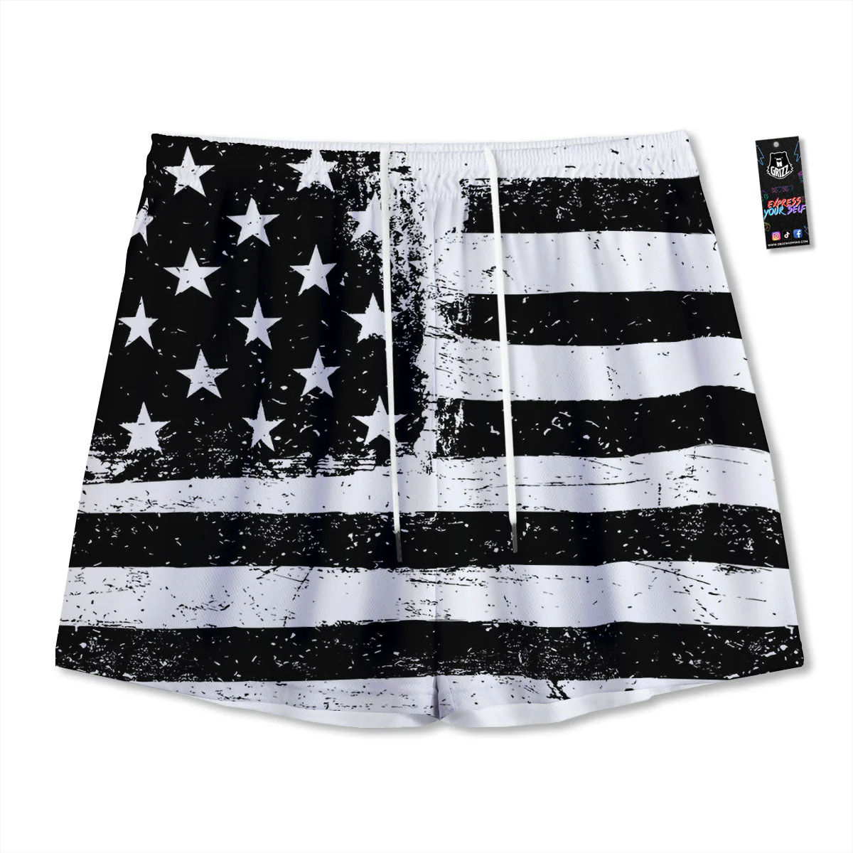 American Flag Monochrome Grunge Print Mesh Shorts