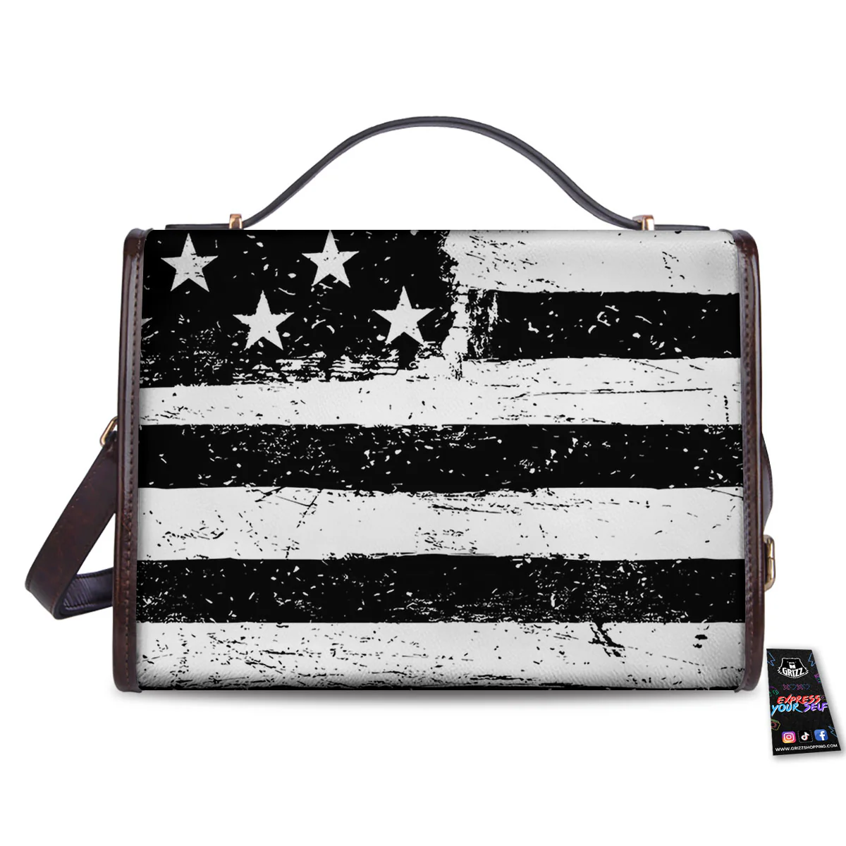 American Flag Monochrome Grunge Print Women's Satchel Bag - Image 2