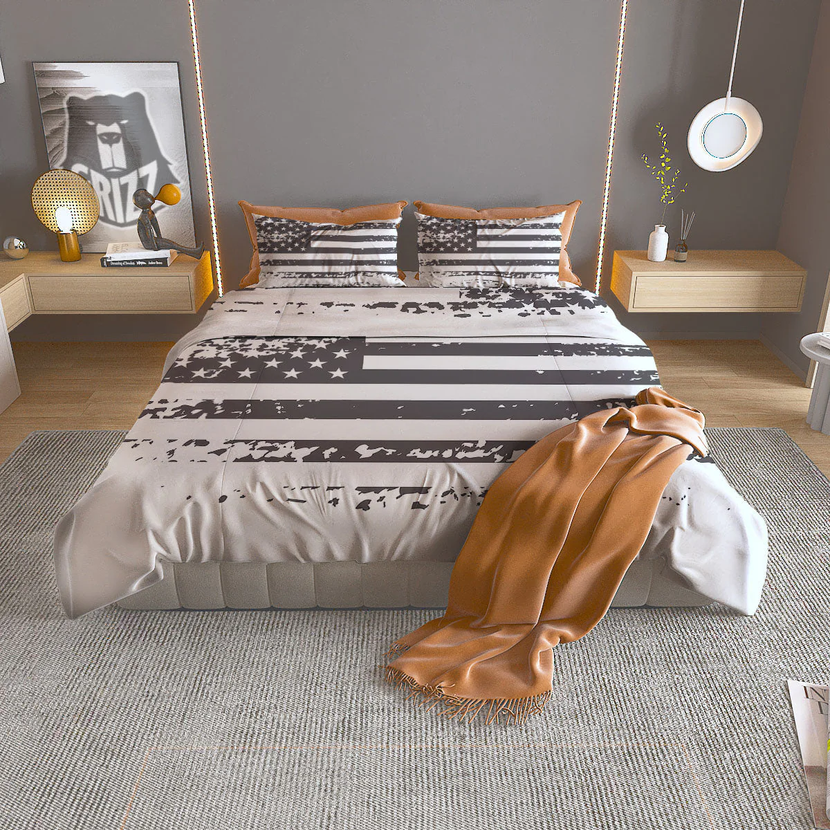 American Flag White And Black Print Duvet Cover Bedding Set