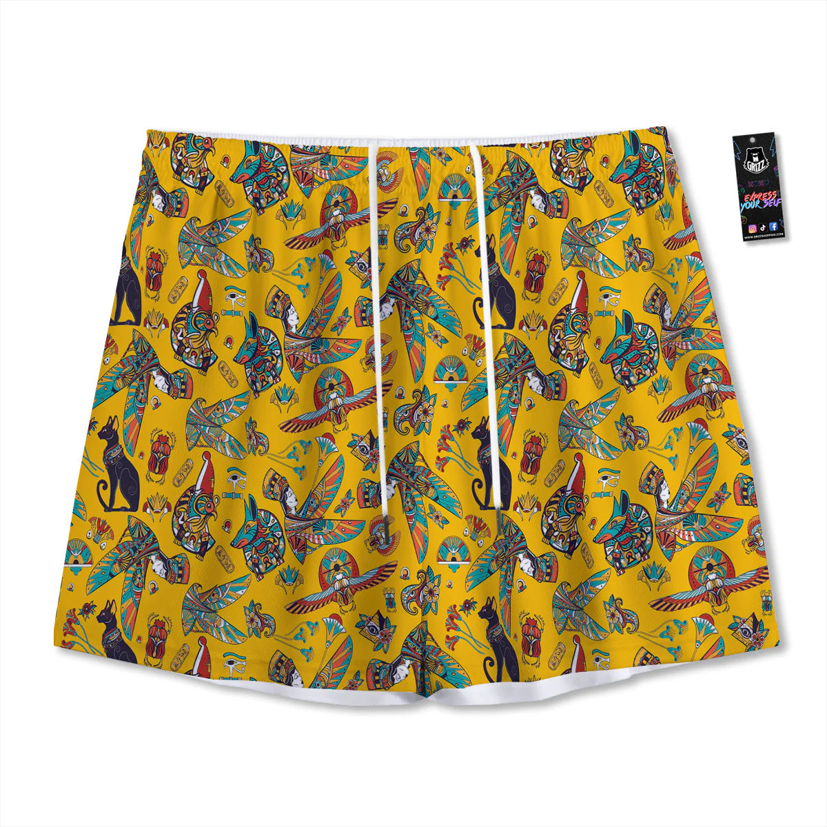 Ancient Egypt Yellow Print Pattern Mesh Shorts